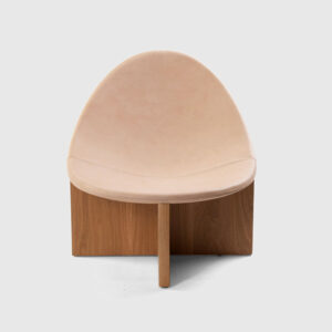 A chair with a wooden base and beige seat.